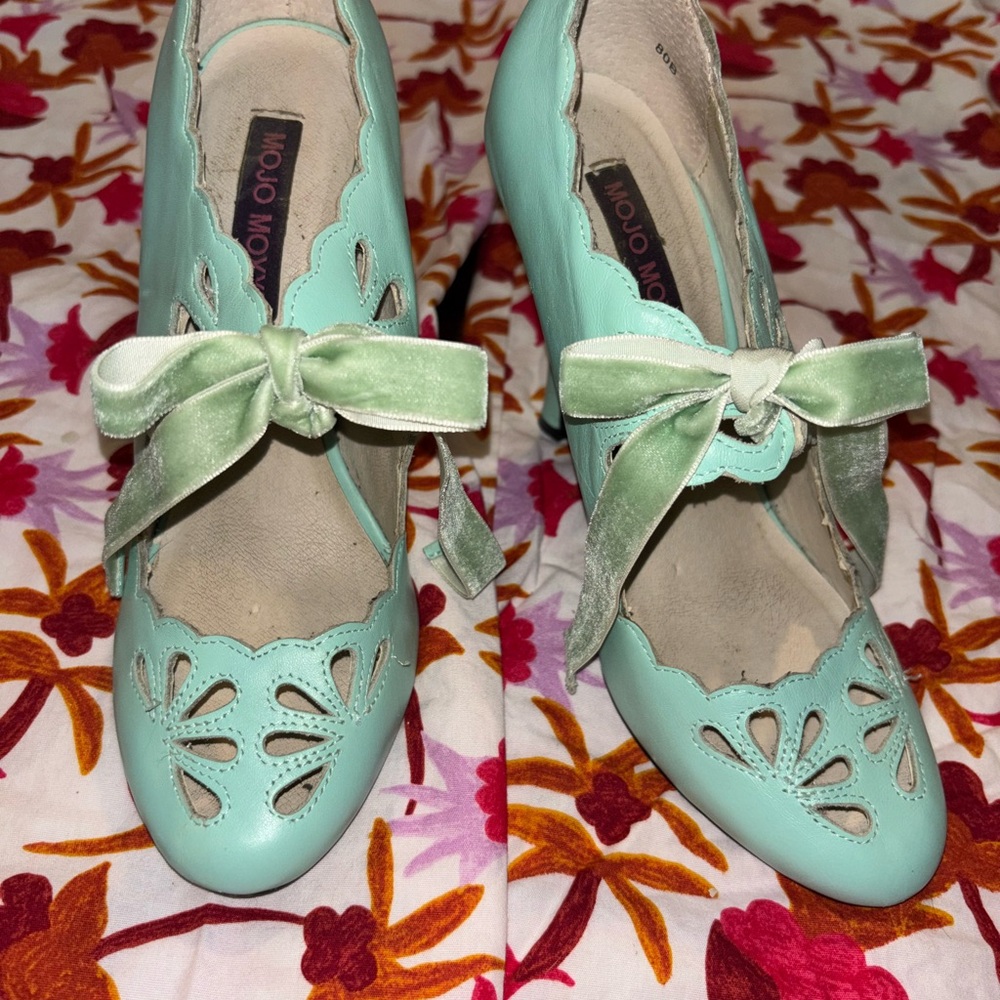 Mojo Moxy Mint Green Heels with Velvet Bow